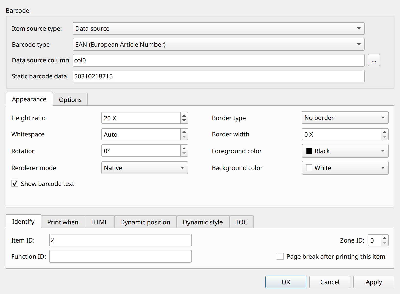 barcode properties appearance