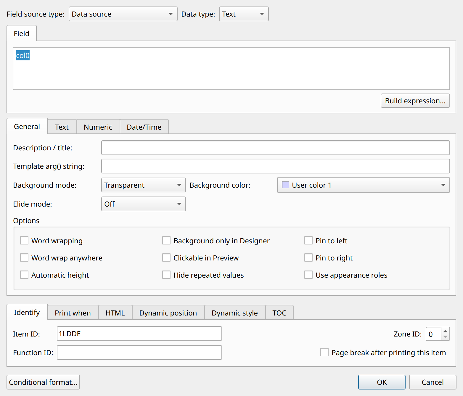 Field properties dialog