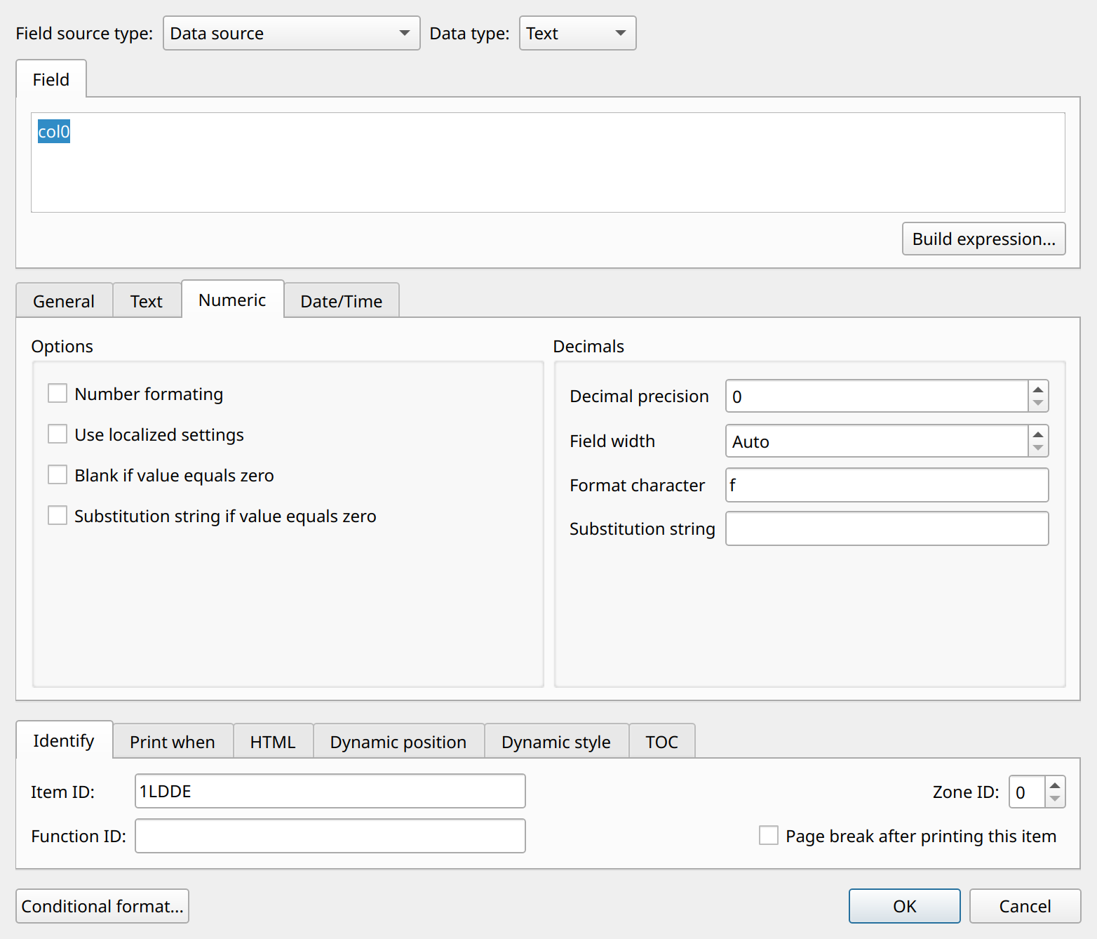 Field properties dialog - numeric data
