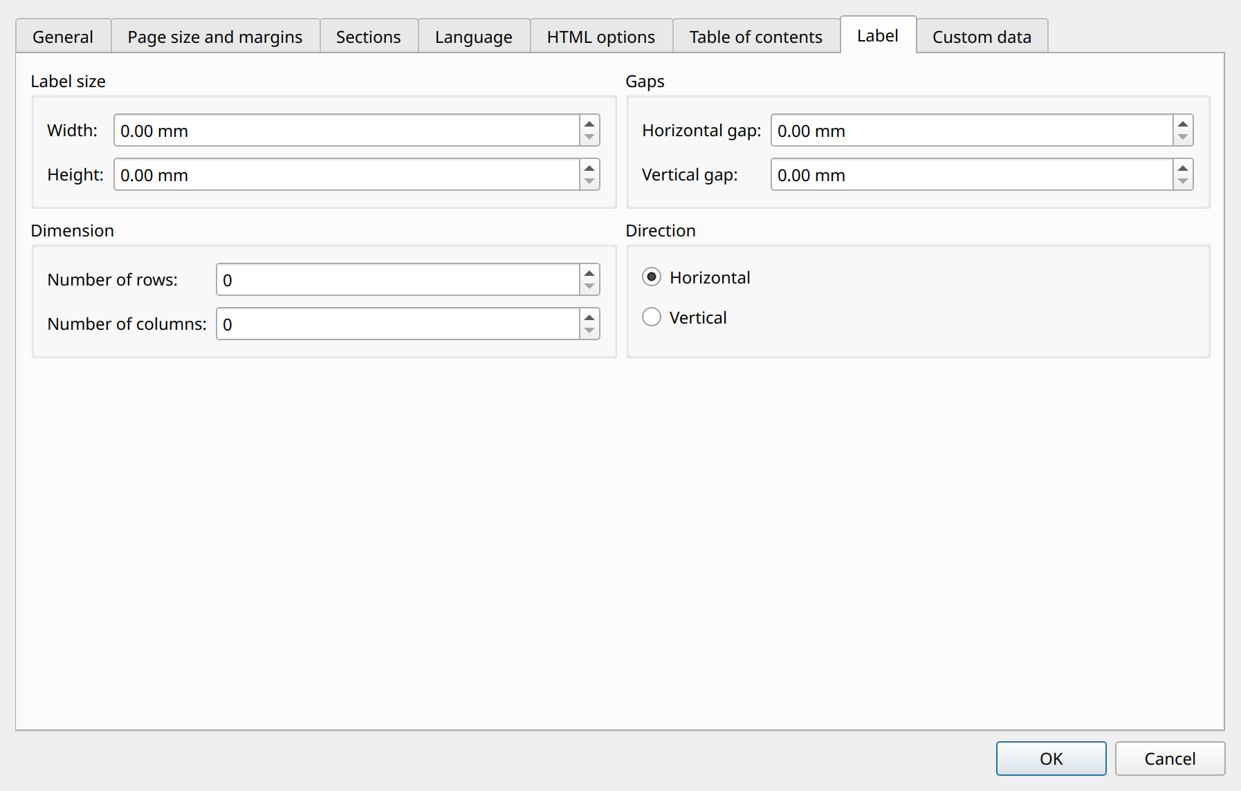 page settings label