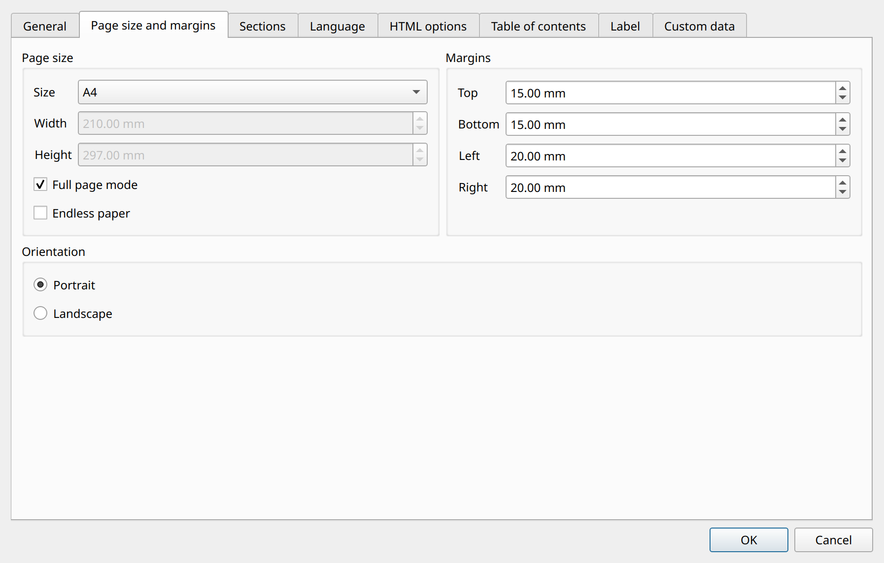 page settings page size and margins