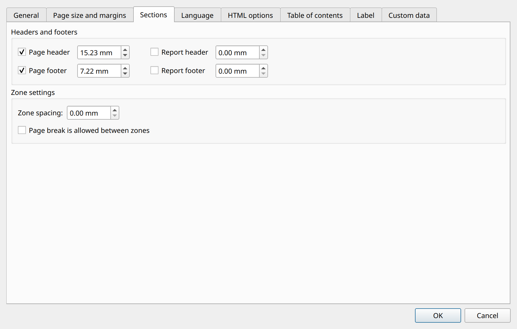 page settings sections